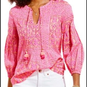 Vineyard Vines Pink Printed Tassel Tie Blouse